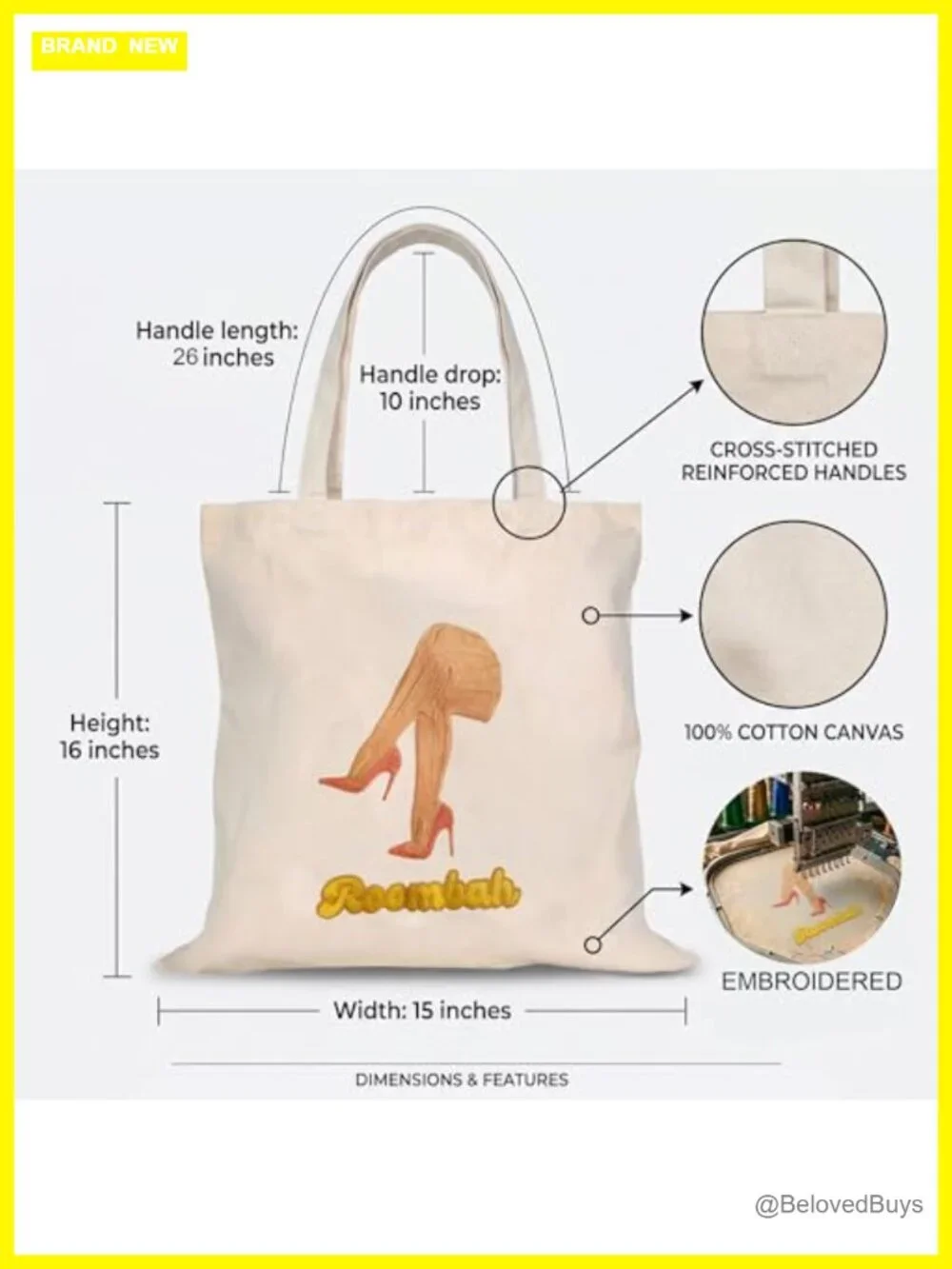 100% Cotton Canvas Tote - Reusable Shopping Grocery Bag with Embroidered Design